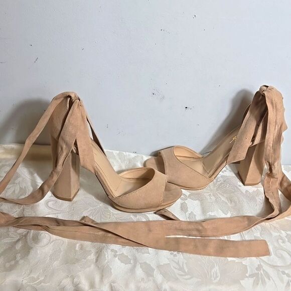 Lulu's Tan Wrap Suede Heels - Picture 2 of 8
